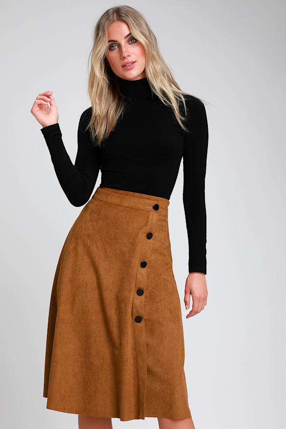 Chic Tan Vegan Suede Skirt ButtonFront Skirt Midi Skirt Lulus