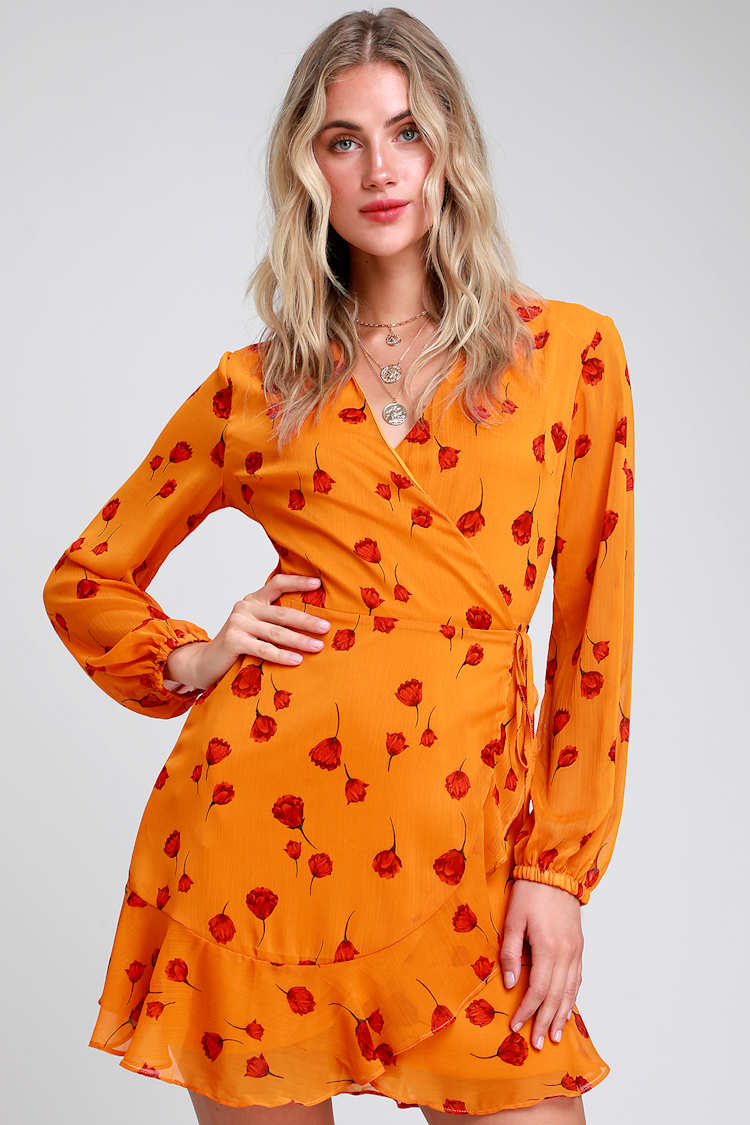 LUSH - Orange Floral Print Dress - Long Sleeve Dress - Wrap Dress - Lulus