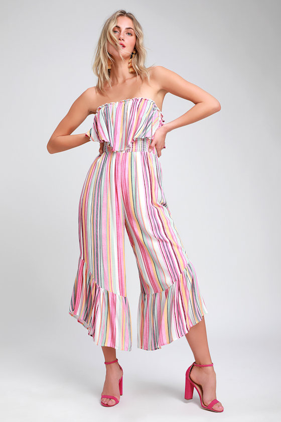 Moonstone Beach Pink Multi Striped Strapless Culotte Jumpsuit 1