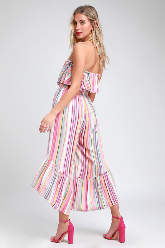 Moonstone Beach Pink Multi Striped Strapless Culotte Jumpsuit 2