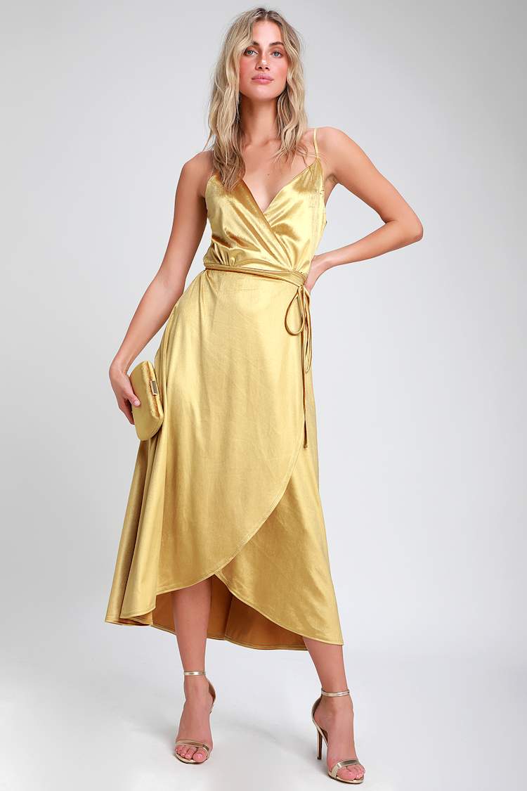 slim fit dress slacks Six Stories V-Neck Flutter-Sleeve Satin Maxi Dress