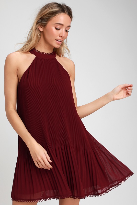 red pleated swing dress