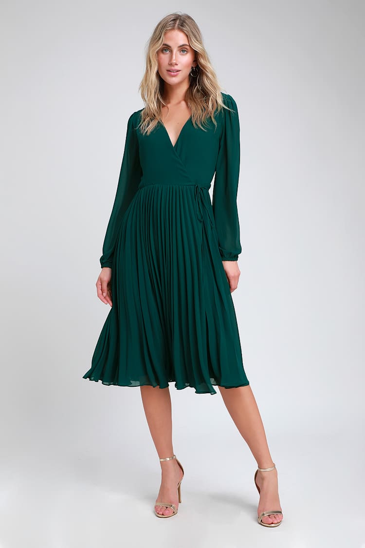 First Impression Dark Green Pleated Midi Wrap Dress