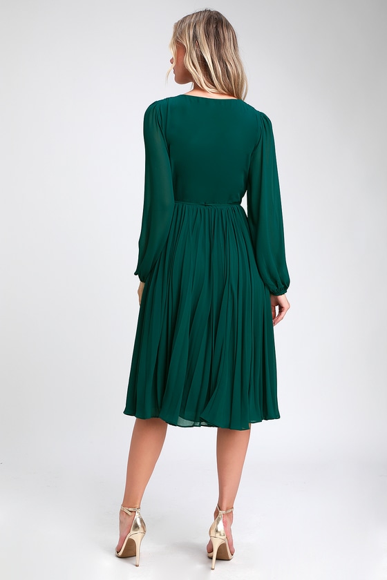 dark green tie waist plisse midi dress