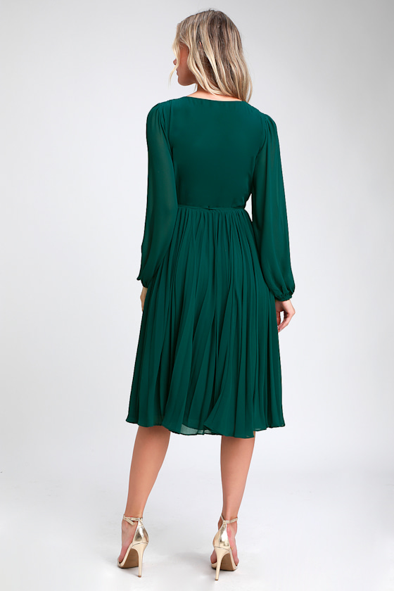 Pretty Dark Green Dress Midi Wrap Dress Pleated Midi Dress Lulus
