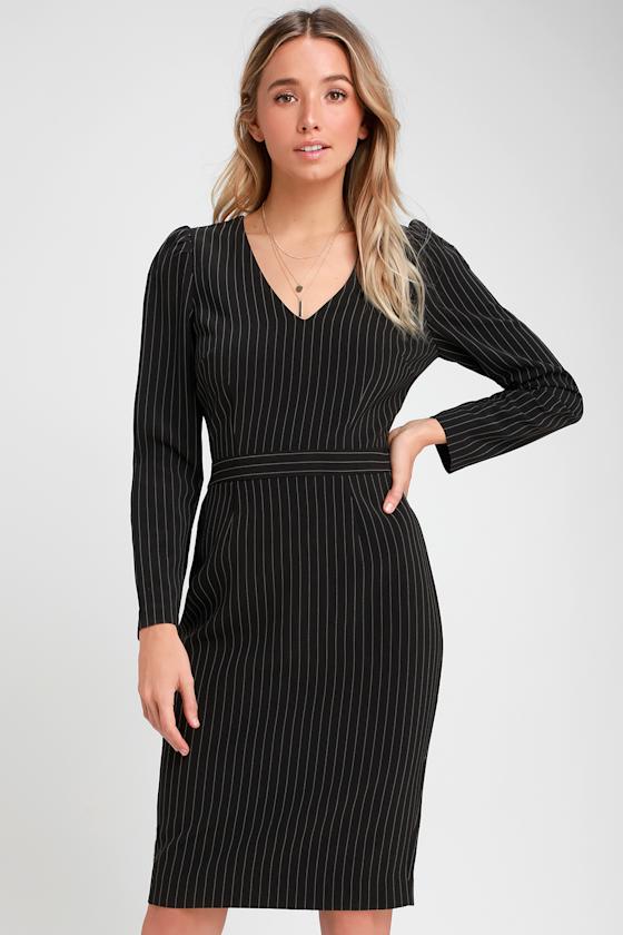 Ali & Jay Keeping It Classy Black Pinstripe Dress Midi Dress Lulus