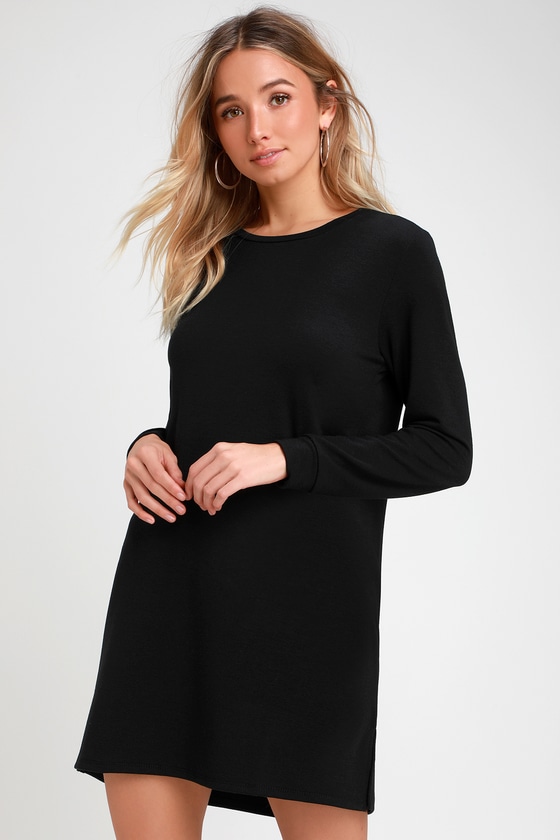 Cute Black Dress - Long Sleeve Shift Dress - Sweater Dress - Lulus
