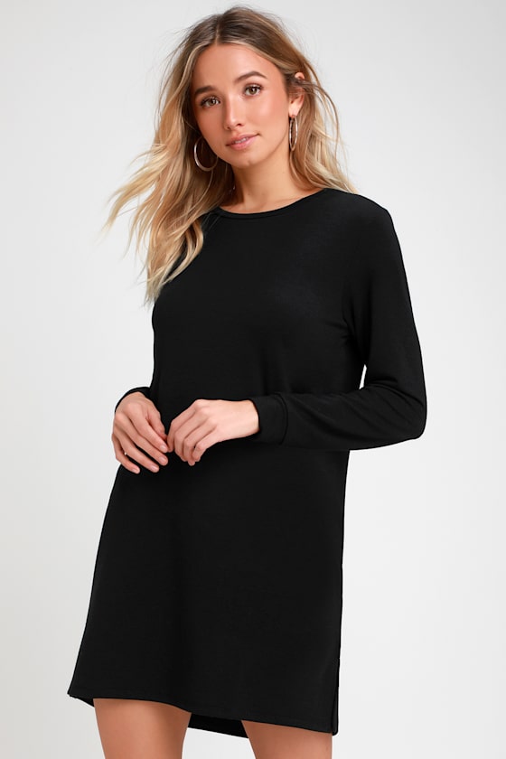 Cute Black Dress Long Sleeve Shift Dress Sweater Dress Lulus