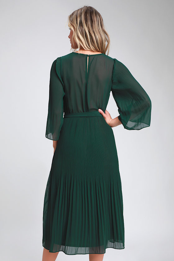 Flirty and Thriving Dark Green Pleated Midi Dress 2