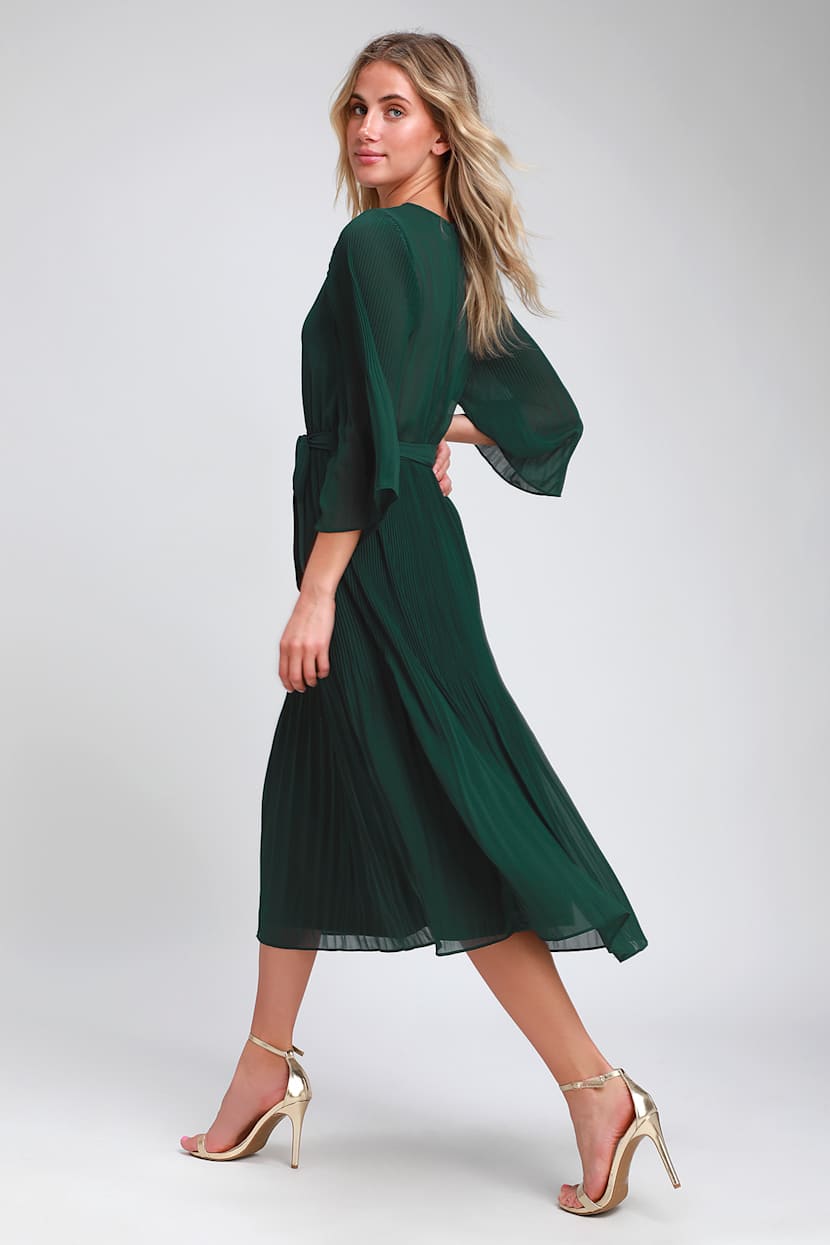 dark green pleated midi dress Inspire Chic Women's Pleated Dress Puff Long Sleeve V Neck Belt Waist Dress L Dark Green, Size: Large, Blue