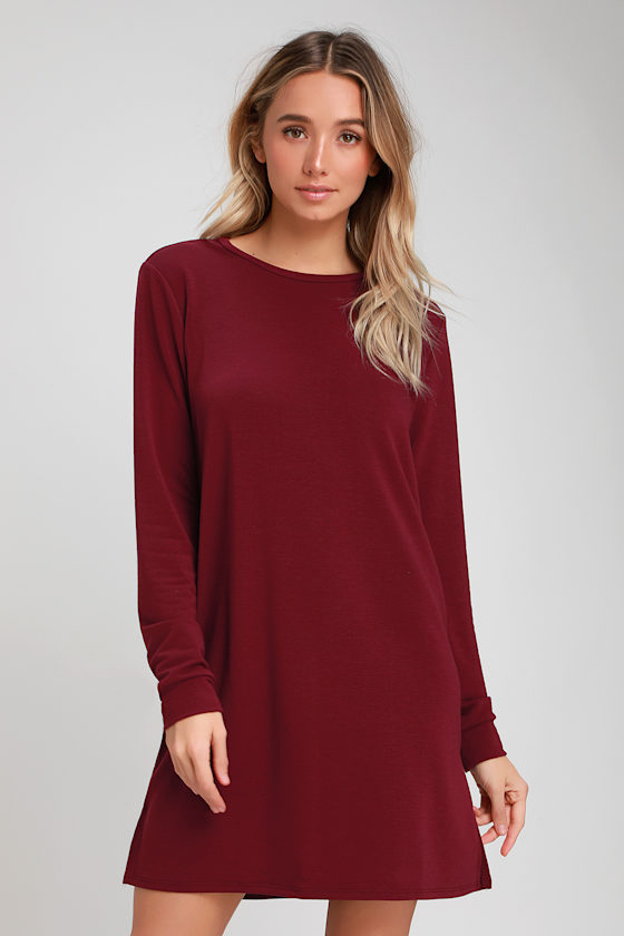 Burgundy shift dress with sleeves Clearance