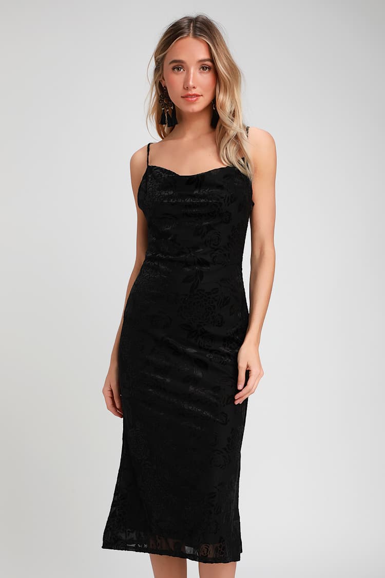 Chic Black Midi Dress - Burnout Velvet Dress - Trumpet Dress - Lulus Chic Black Midi Dress - Burnout Velvet Dress - Trumpet Dress - Lulus