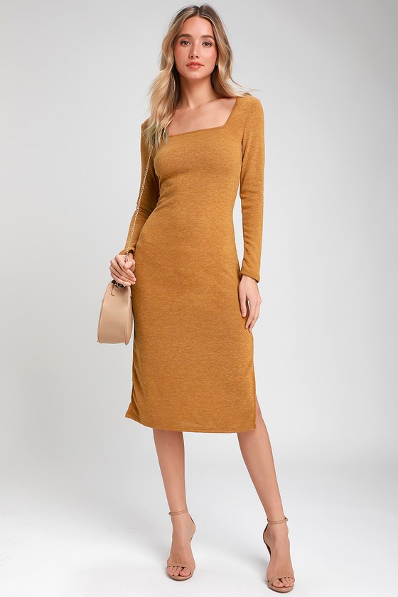 Cute Camel Dress - Midi Dress - Sweater Dress - Long Sleeve Dress