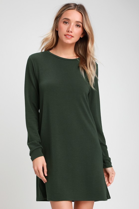 Cute Forest Green Dress - Long Sleeve Shift Dress - Sweater Dress - Lulus