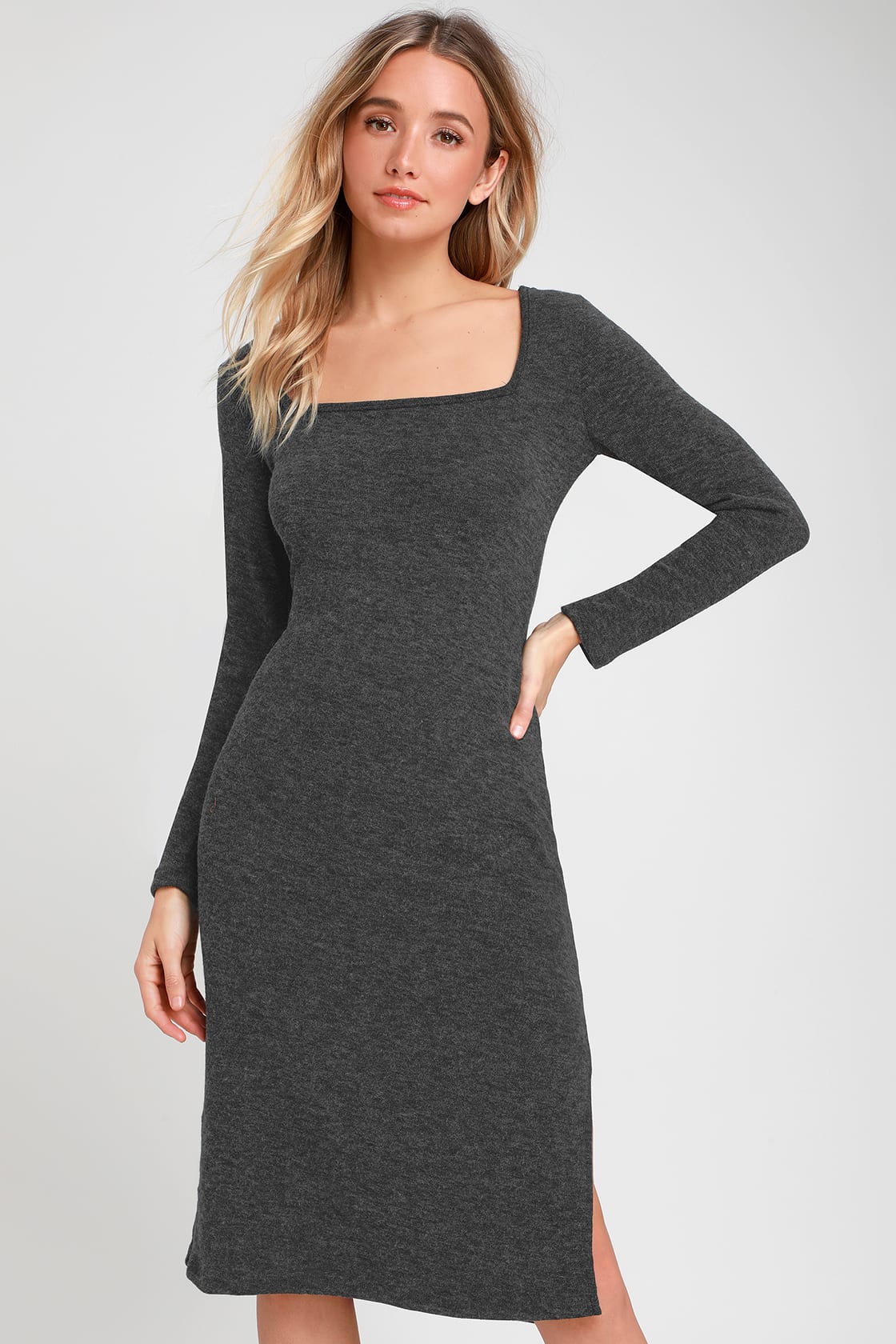 Cute Charcoal Grey Dress - Sweater Dress - Long Sleeve Dress - Lulus