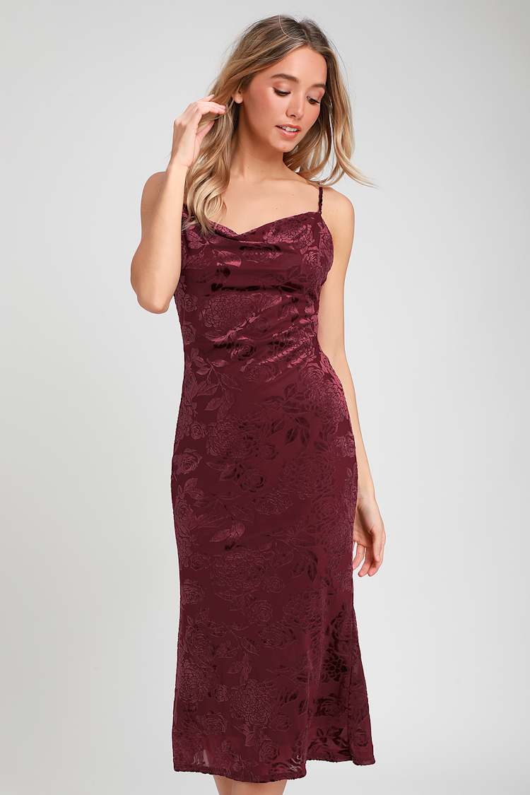 Chic Burgundy Midi Dress - Burnout Velvet Dress - Trumpet Dress