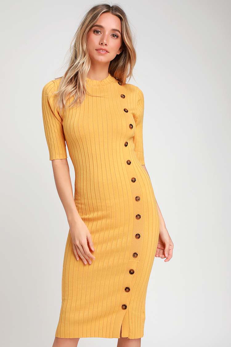 Cozy Golden Yellow Dress - Ribbed Dress - Bodycon Midi Dress - Lulus