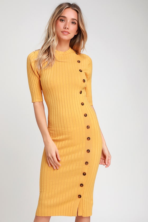 Dolan Golden Yellow Ribbed Button Front Bodycon Midi Dress