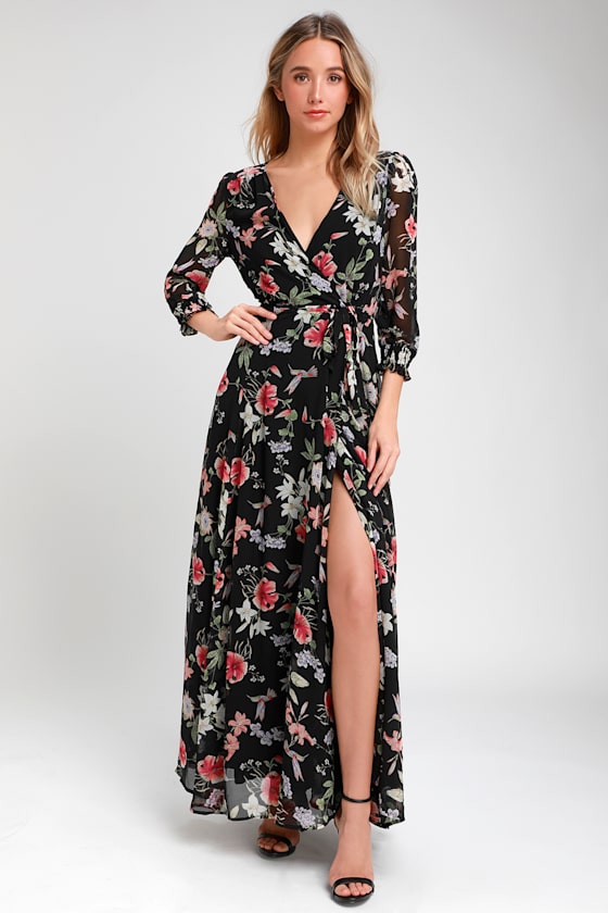 Awakened Black Floral Print Chiffon Maxi Wrap Dress 1