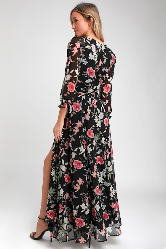 Awakened Black Floral Print Chiffon Maxi Wrap Dress 5