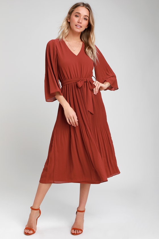 Chic Rust Red Dress Midi Dress Pleated Midi Dress Lulus
