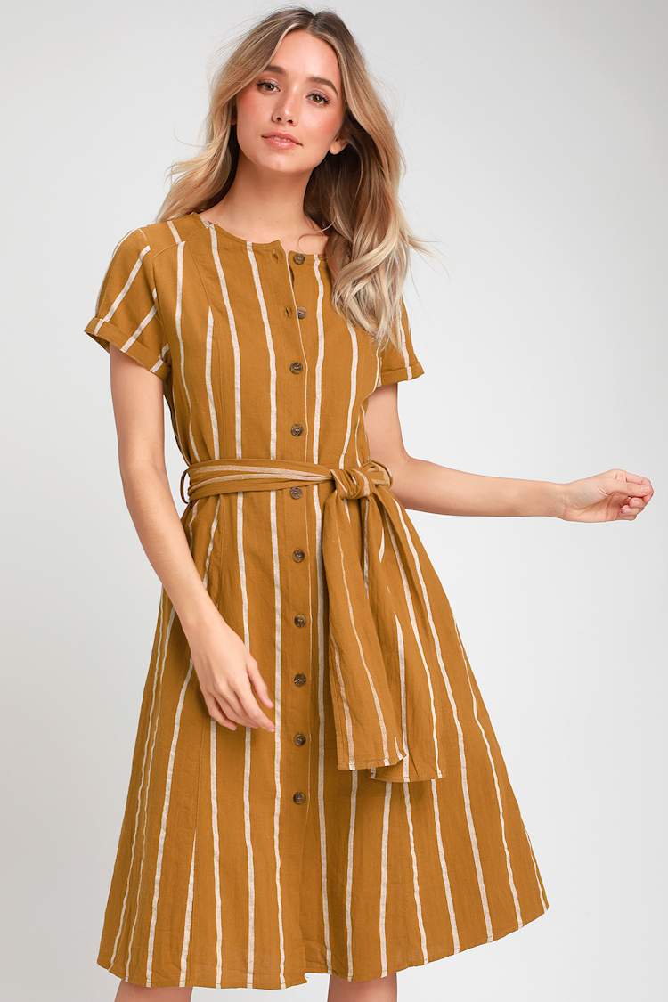 Cute Shirt Dress - Midi Dress - Mustard Yellow Dress - Midi Dress - Lulus