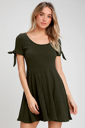 Cute Dark Green Skater Dress - Tie-Sleeve Dress - Skater Dress - Lulus