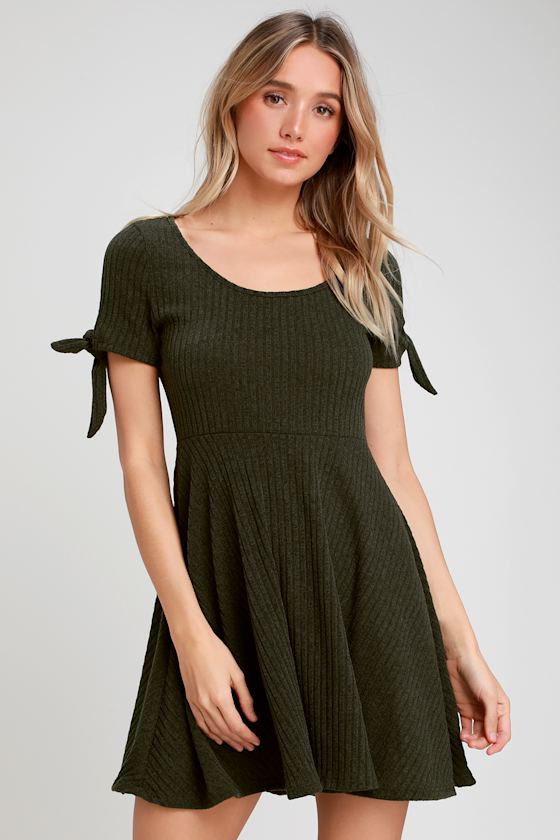 Cute Dark Green Skater Dress - Tie-Sleeve Dress - Skater Dress - Lulus