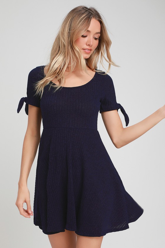 Cute Navy Blue Skater Dress - Tie-Sleeve Dress - Skater Dress - Lulus