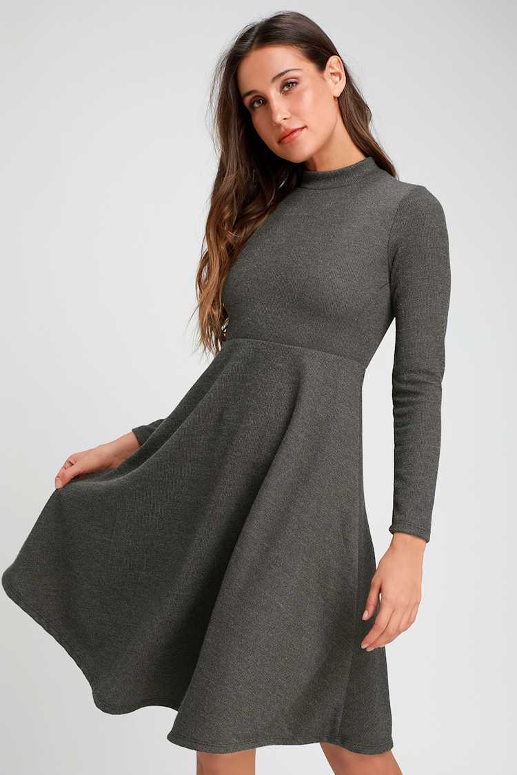 Keep It Classic Dark Grey Mock Neck Midi Skater Dress