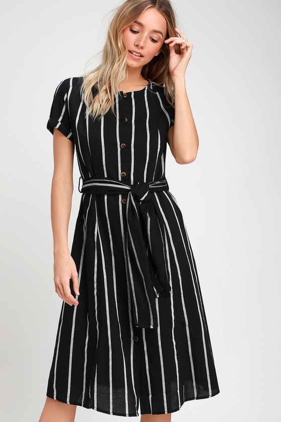 Black Striped Dress - Midi Dress - Lulus