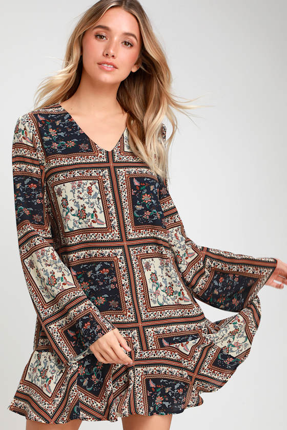 Cute Boho Dress Cream Multi Print Dress Cream and Navy Dress Lulus