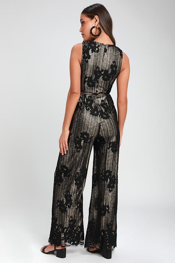 Sexy Black and Gold Jumpsuit Lace Jumpsuit Plunge Jumpsuit Lulus