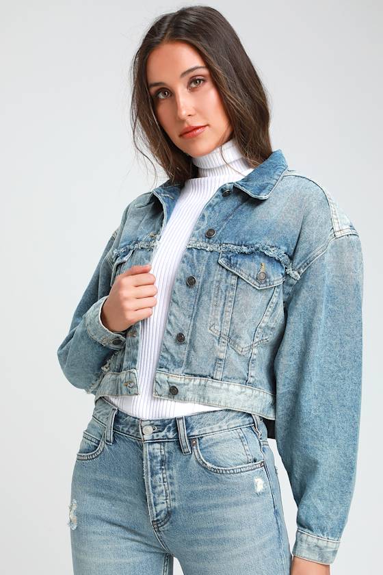 Bedford Medium Wash Distressed Cropped Denim Jacket 1