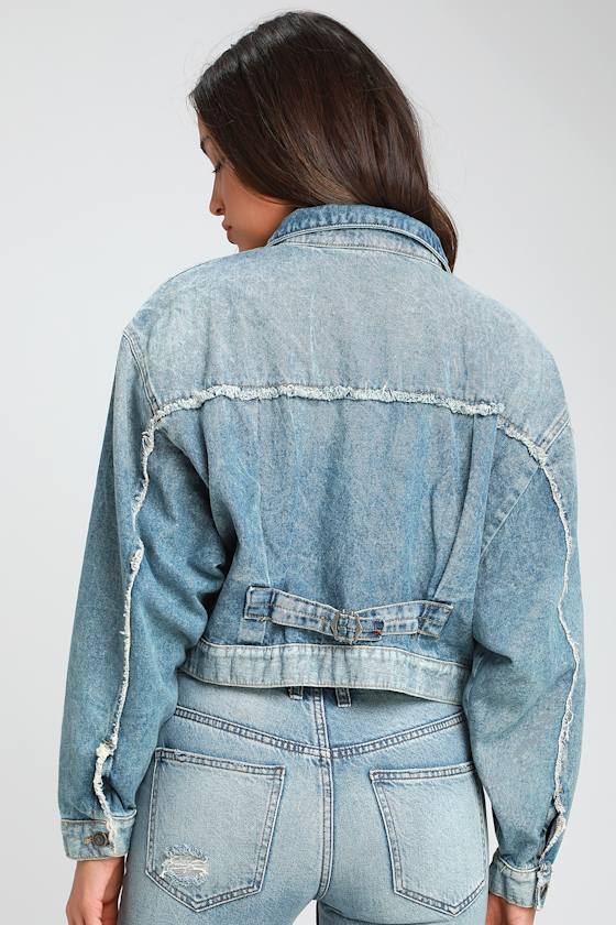 Bedford Medium Wash Distressed Cropped Denim Jacket 2