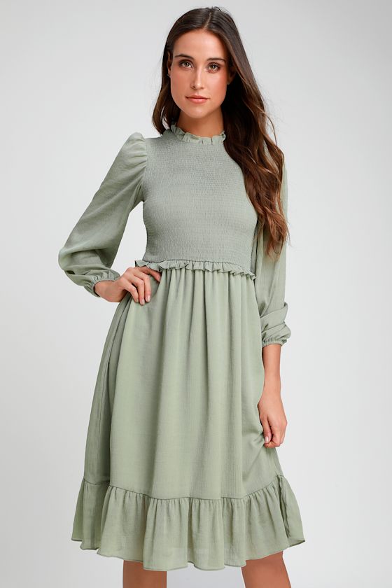 Sage Green Midi Dress Long Sleeve Dress Smocked Dress Lulus