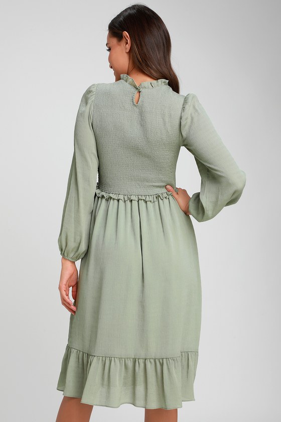 Sage Green Midi Dress - Long Sleeve Dress - Smocked Dress