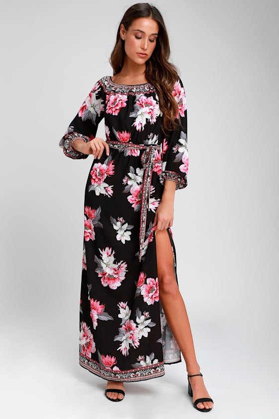 Long Vacation Black Floral Print Off-the-Shoulder Maxi Dress 2