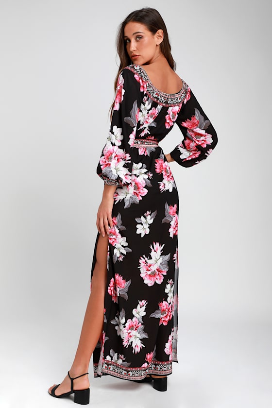 Long Vacation Black Floral Print Off-the-Shoulder Maxi Dress 5