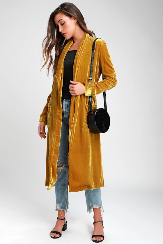 Estelle Mustard Yellow Velvet Long Jacket 1