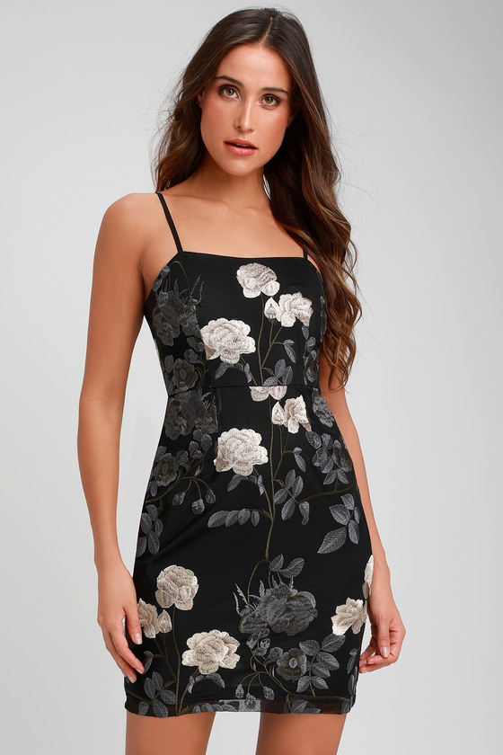 elston black floral embroidered bodycon dress