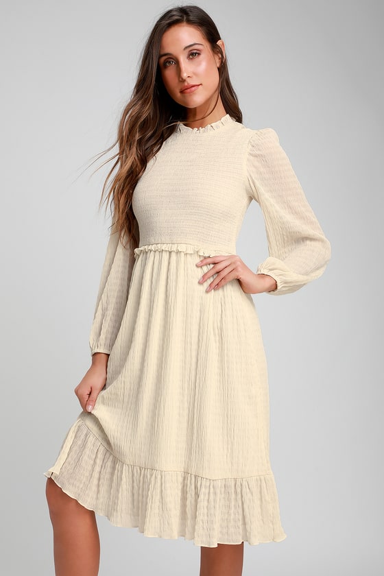 Lovely Cream Dress - Long Sleeve Dress - Smocked Dress - Midi - Lulus