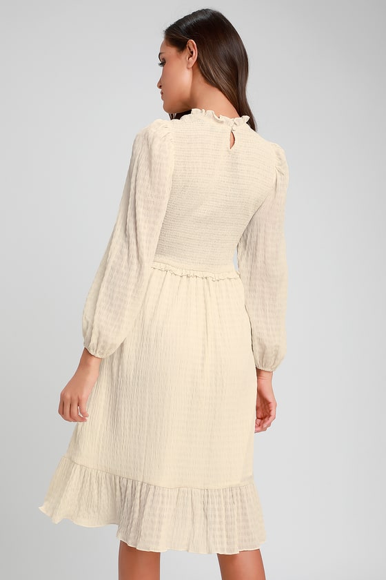 cream embroidered long sleeve midi dress