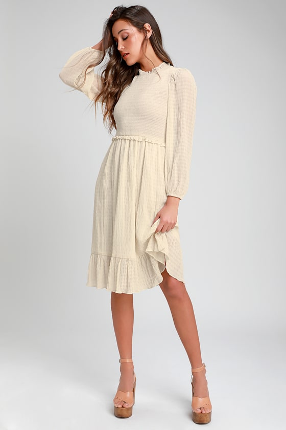 Lovely Cream Dress Long Sleeve Dress Smocked Dress Midi