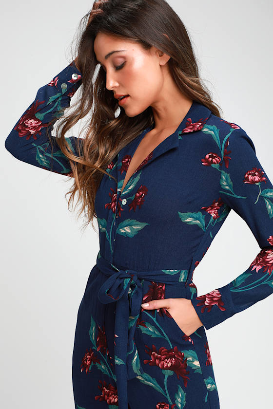 Navy Blue Floral Print Jumpsuit Long Sleeve Jumpsuit Jumpsuit Lulus