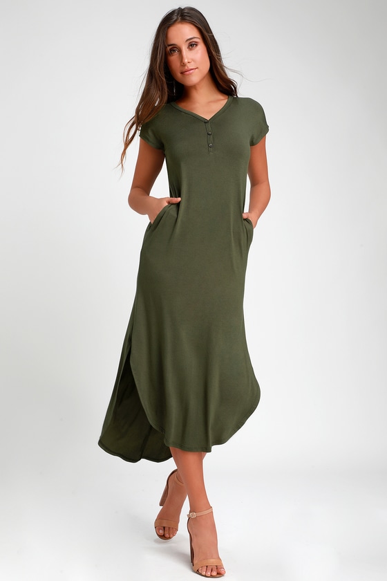 Cute Olive Green Dress - Jersey Knit Dress - Midi Dress - Lulus