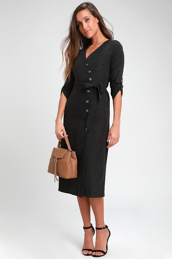 Pull Me Close Washed Black Suede Button-Up Midi Dress 1