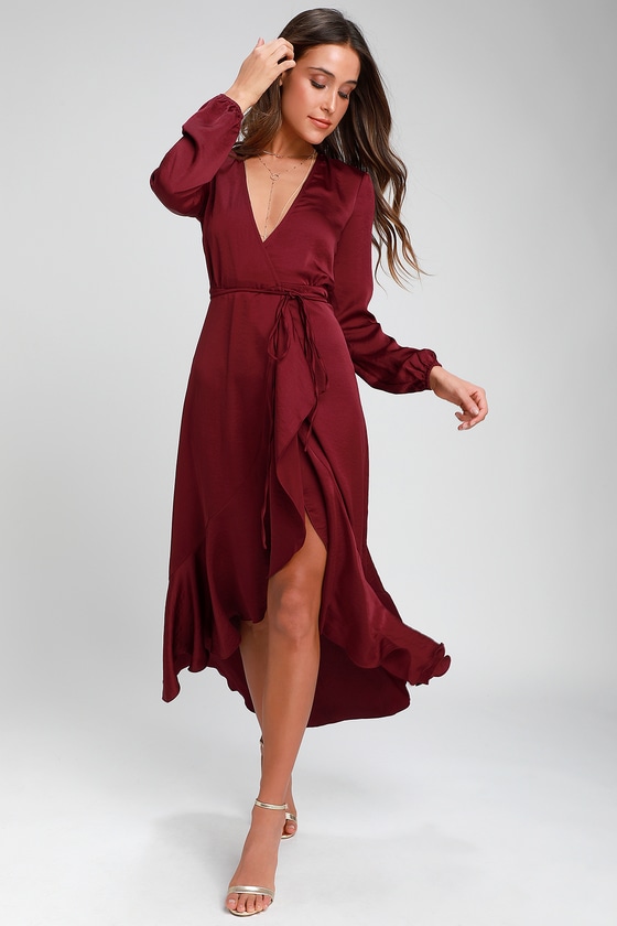 long burgundy wrap dress