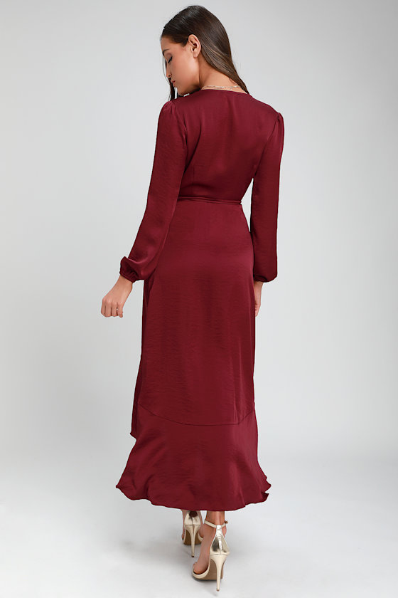 burgundy satin wrap dress