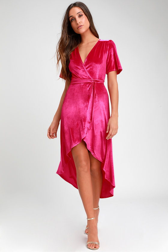 Hot Pink Dress - Velvet Wrap Dress - Hot Pink High-Low Dress - Lulus